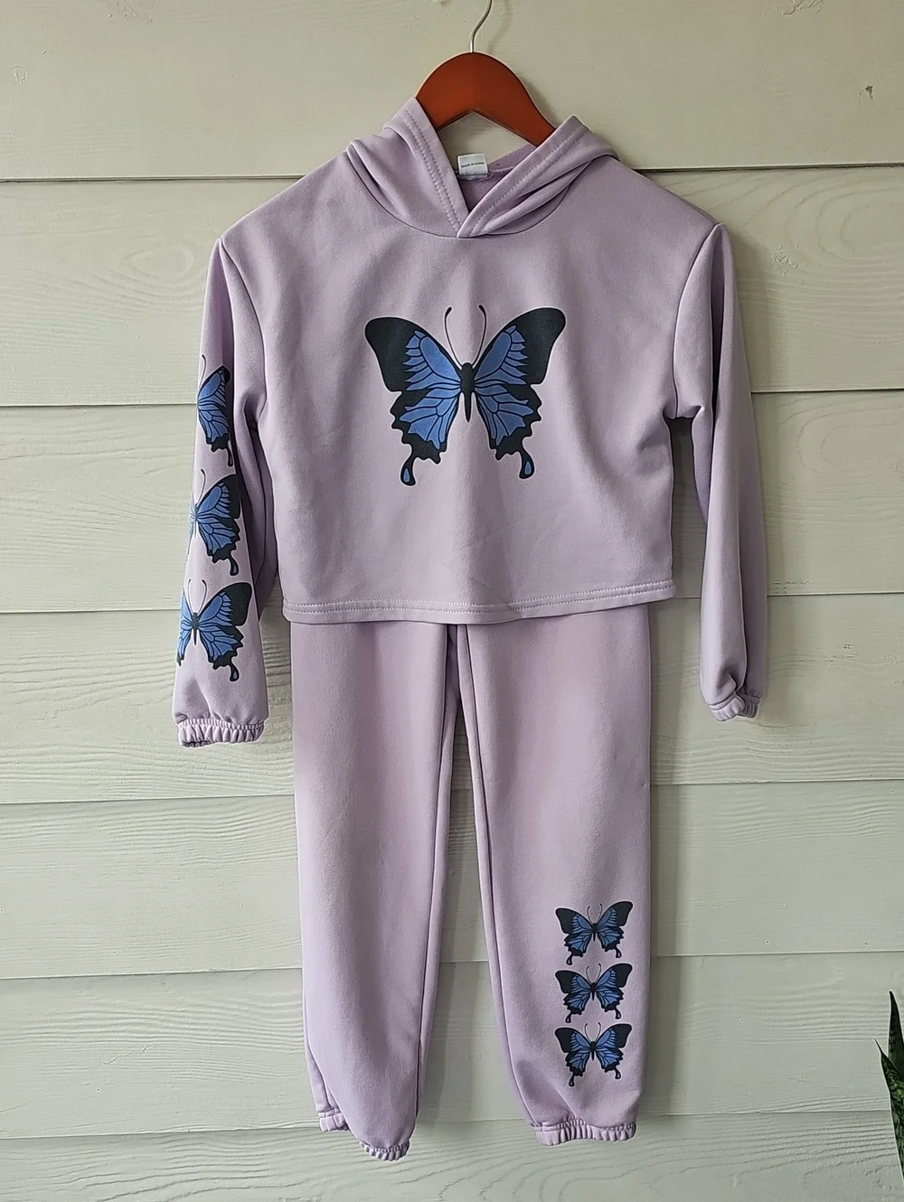 Girls Purple Butterfly Tracksuit Set Cropped Hoodie Sweatpants 10Y